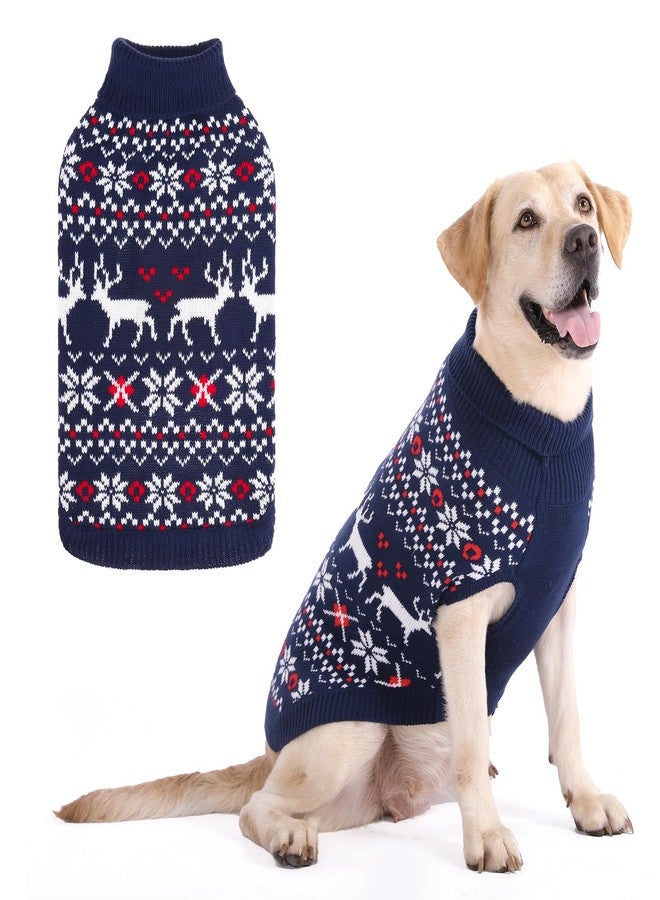 كولتيل كنزة عيد الميلاد للكلاب من كولتايل، كنزة شتوية كلاسيكية محبوكة، بنقشة غزال الرنة وندفة الثلج، ملابس شتوية دافئة وسميكة للحيوانات الأليفة، كنزات محبوكة للكلاب الصغيرة والمتوسطة والكبيرة، لون أزرق داكن متوسط - Image 1